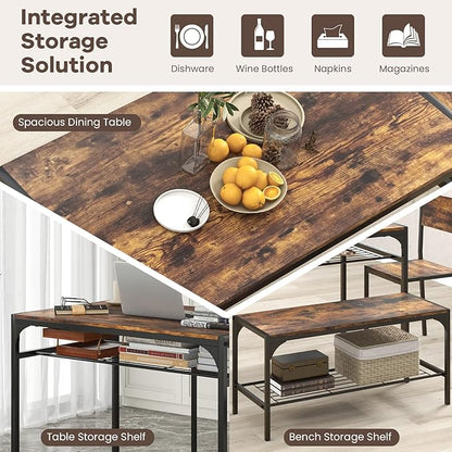 NAFORT Dining Table Set for 4, Kitchen Table with 2 Chairs and Bench, Rustic Wood Dining Set with Metal Storage Shelf, 4-Piece Space-Saving Dinette Sets for Kitchen&Dining Room, Apartment