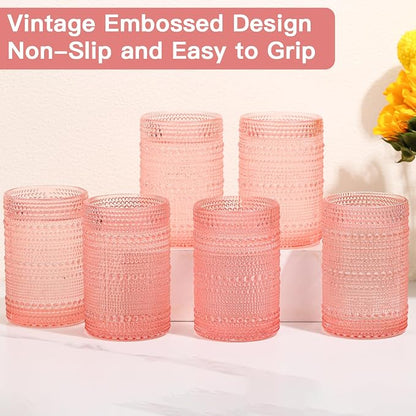 JOVGANK Pink Vintage Hobnail Drinking Glasses Set of 6, Water Tumbler 15oz - Image 6