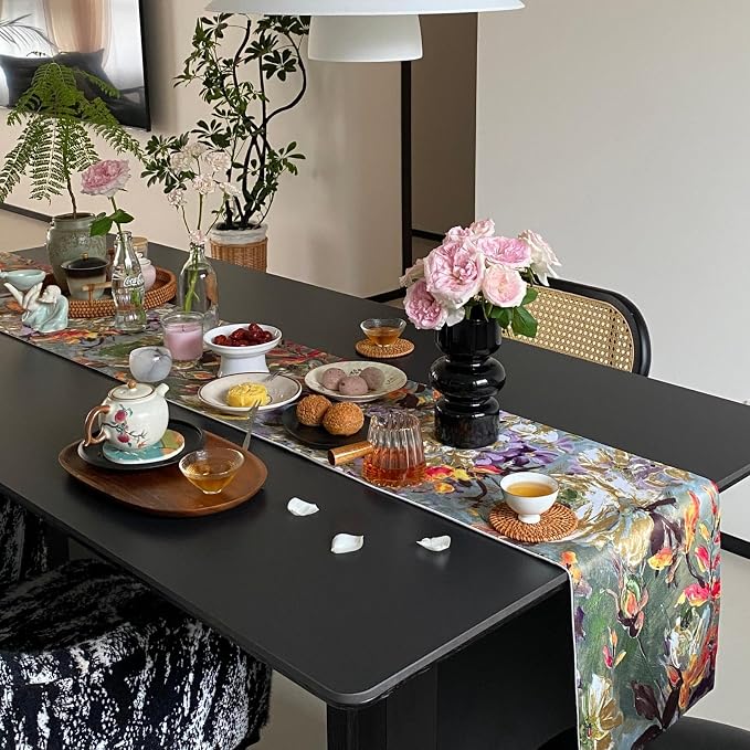 Green Table Runner, Cotton Polyester Print Floral Table Runner, Waterproof - Image 5