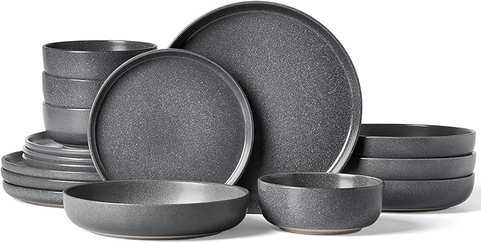Famiware Milkyway 16-Piece Stoneware Plates and Bowls, Matte Dark Charcoal | by Famiware