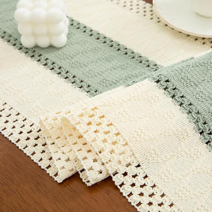 Boho Green Table Runner, 12x36 Inches | Tassels, Summer Farmhouse, Woven Cotton - Image 3