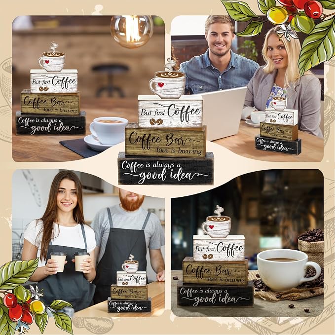 Moucuny 4 Pcs Wooden Coffee Bar Tabletop Decor Coffee Tiered Tray Decor Rustic - Image 6