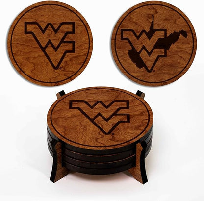 LazerEdge West Virginia Mountaineers Wooden Coaster Set - Cherry Wood - Officially Licensed Product - 4-Pack