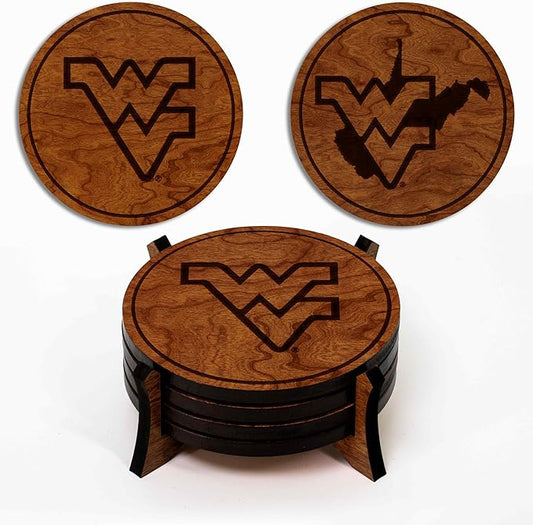 LazerEdge West Virginia Mountaineers Wooden Coaster Set - Cherry Wood - Officially Licensed Product - 4-Pack