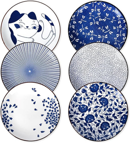 Selamica 8 Inch Ceramic Dessert Plates, Appetizer Plates for Serving Snacks Pasta, Microwave Dishwasher Safe, Set of 6, Blue