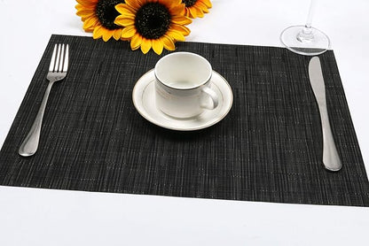 SHACOS Placemats Set of 6 Woven Vinyl Place Mats for Dining Table Wipe Clean Stain Resistant Table Mats Indoor Outdoor (6, Black)