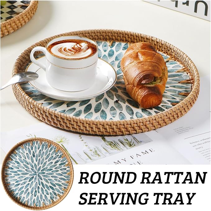 Round Rattan Tray with Mother of Pearl Inlay, Wooden Base | Coffee Table - Image 4