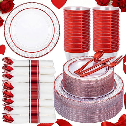 Ciaell 350 PCS Clear and Red Plastic Plates – Red Dinnerware Set for 50 Guests Include 100 Plastic Plates, 50 Pre Rolled Napkins with Cutlery Set, 50 Cups for Wedding & Party & Anniversary