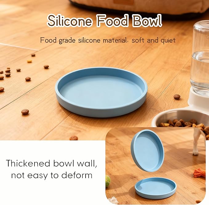 Silicone Cat Bowl Set of 2 Shallow Cat Dishes Small Non-Slip Pet Dog Bowls for Dry & Wet Food, Whisker Fatigue (Round Blue)