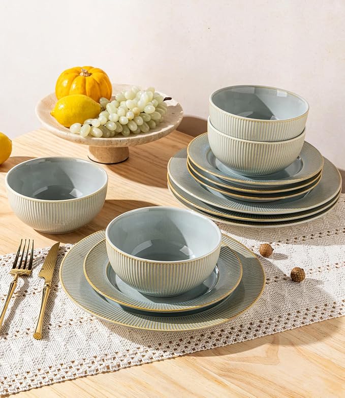 Ceramic Dinnerware Set for 4, 12-Piece Plates and Bowls Set | Lightweight - Image 5