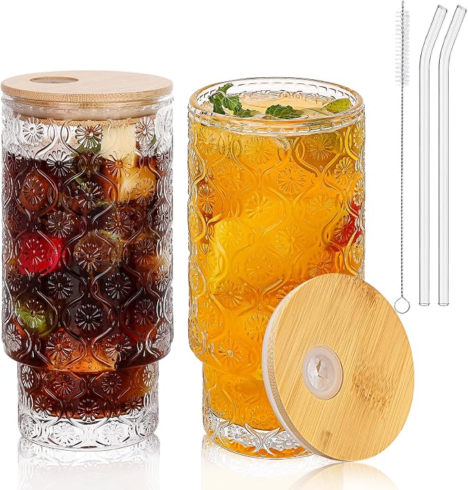 Vintage Glass Cups With Bamboo Lids And Straws 16 Oz, Vintage Tumbler Embossed by Elitrivox