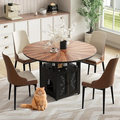 47" Round Dining Table Set for 4-6 People, Large Farmhouse Kitchen Dining Table Set with Chairs and Storage Rack, Metal Base Round Table for Home Dining Room Living Room (Cat table and 4 brown chairs)