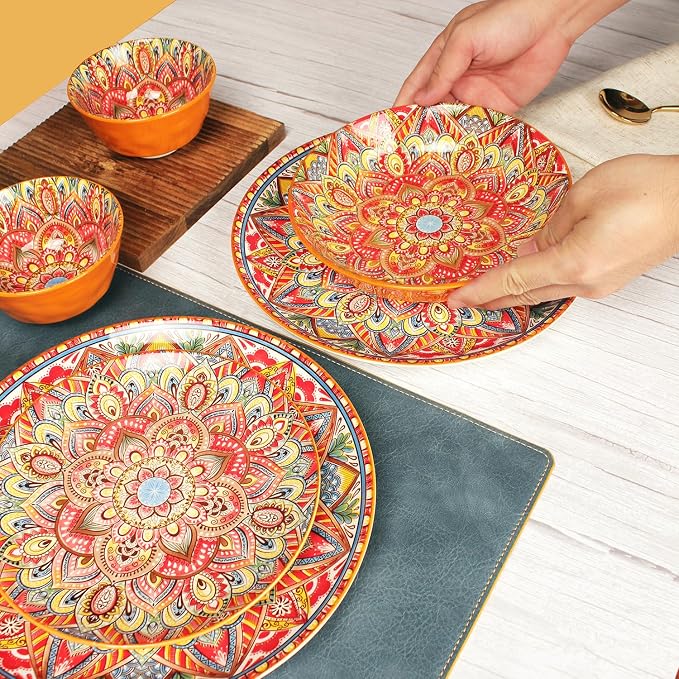 YA JU Mandala Dinnerware Sets Serves 4, Buffet Dinnerware, Boho Plates and - Image 7
