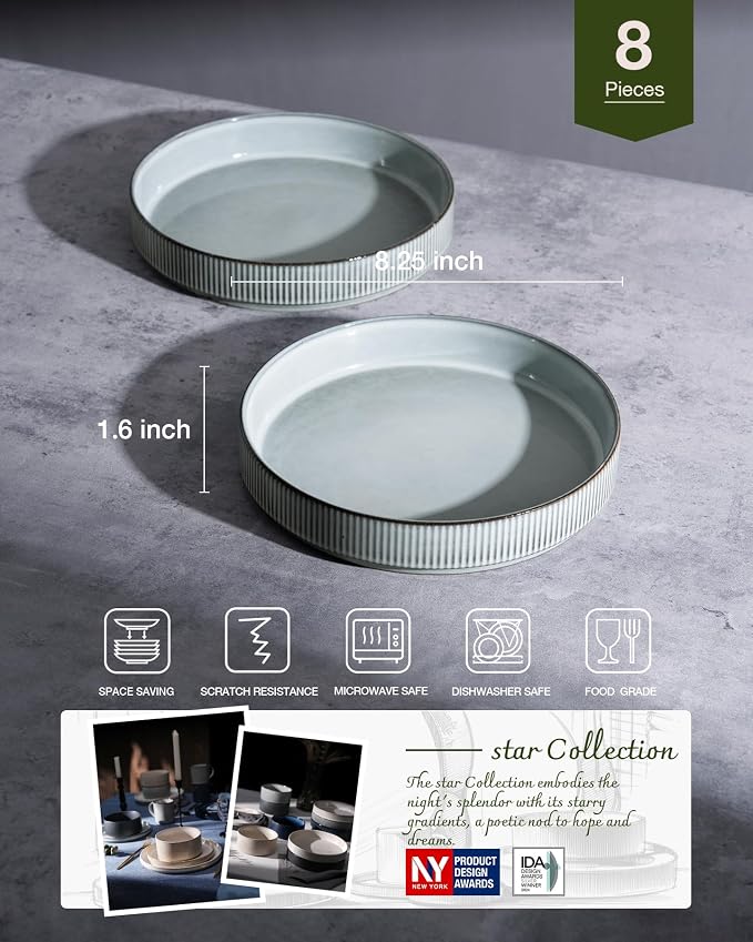 famiware Star 8.25" Pasta Bowls Set of 8, Bowl Plates, Smoky Blue | Microwave & - Image 2