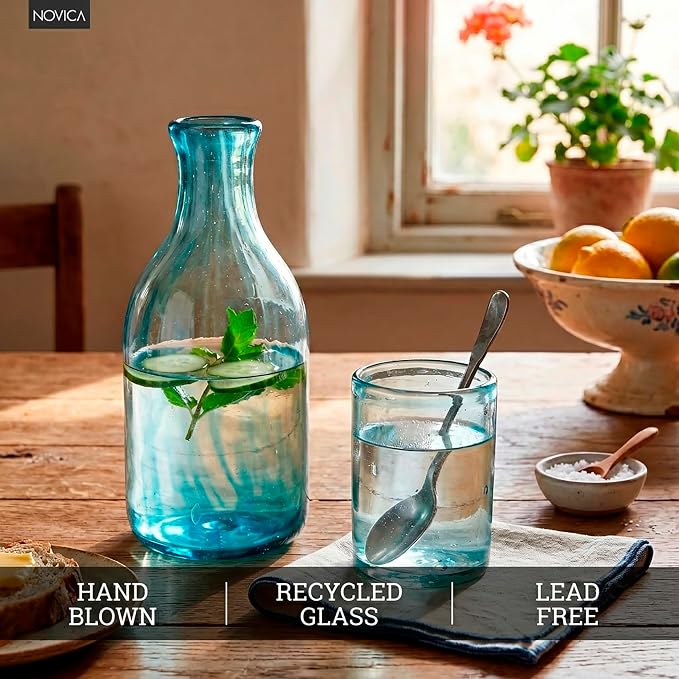 NOVICA Artisan Handblown Recycled Glass Carafe Aqua Cup Clear Green Mexico - Image 4