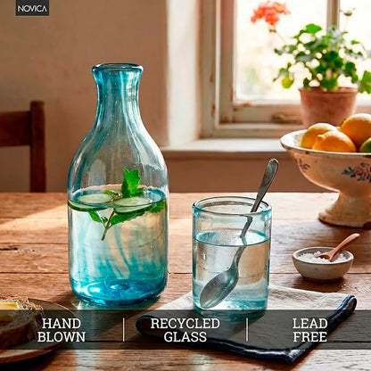 NOVICA Artisan Handblown Recycled Glass Carafe Aqua Cup Clear Green Mexico - Image 4