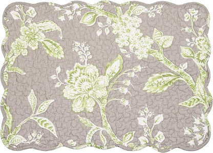 C&F Home Julia Reversible Scalloped Quilted Vintage Floral Flower Themed Jacobean Dining Tabletop Placemats Set of 6 All Seasons Spring Summer Home Kitchen Dinner Table Décor Decoration S/6 Grey &