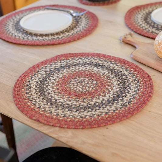 Homespice Chester Jute Woven Round Placemats Set of 6, 15", Warm Lodge and Cabin Decor, Red Table Mats - Vibrant Colors, Durable, Easy to Clean and Protects Furniture