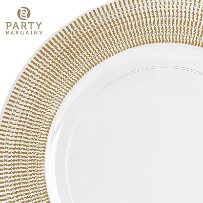 PARTY BARGAINS 13-Inch Charger Plates - 16 Pack, Clear Gold Textured Rim, Heavy-Duty Disposable Chargers for Elegant Dining - Ideal for Weddings and Formal Events