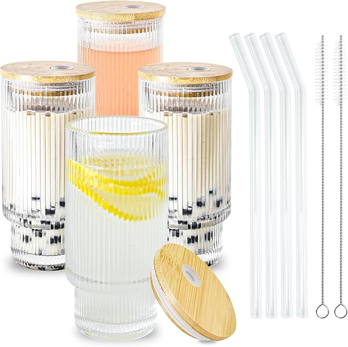 Glass Cups with Lids and Straws 16 oz Ribbed Drinking Glasses Set | Vintage by ICESIP