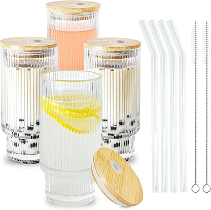 Glass Cups with Lids and Straws 16 oz Ribbed Drinking Glasses Set | Vintage by ICESIP