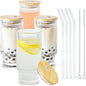 Glass Cups with Lids and Straws 16 oz Ribbed Drinking Glasses Set | Vintage by ICESIP