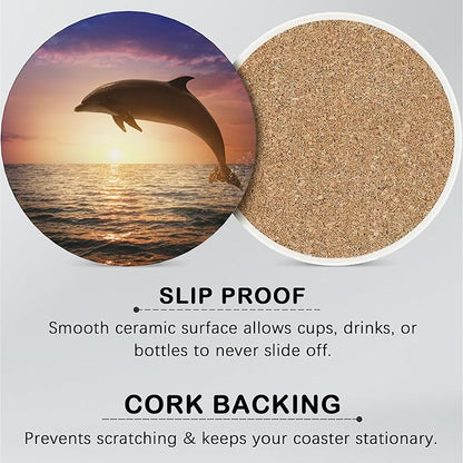 Dolphin Coasters for Drinks Absorbent with Holder,Jumping in Sea Under Sun Sets of 6 Durable Cup Coaster for Coffee Table Protection,Great Housewarming Birthday Gifts,Home Decor