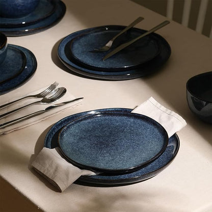 Stone + Lain Mirella 12-Piece Stoneware Dinnerware Set, Service for 4, Reactive Glaze, Deep Blue – Includes Dinner Plates, Salad Plates, and Bowls – Modern Artisanal Design
