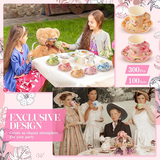 Nuogo 300 Pcs Vintage Floral Disposable Tea Party Set - Image 7