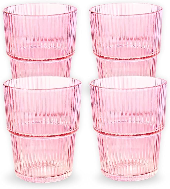 Pink Ribbed Drinking Glasses, 14 fl oz Glass Cups Set of 4 | Aesthetic Style by ElementLabs
