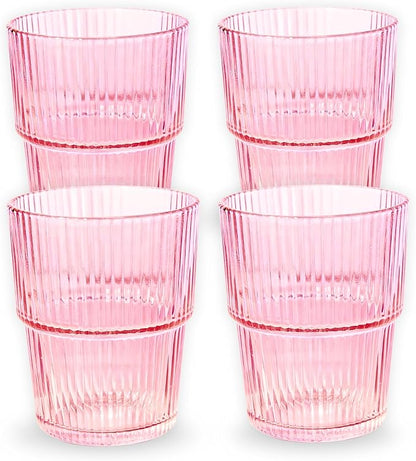 Pink Ribbed Drinking Glasses, 14 fl oz Glass Cups Set of 4 | Aesthetic Style by ElementLabs