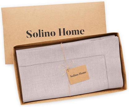 Solino Home Lilac Linen Tablecloth 52 x 52 Inch - 100% Pure Linen Square Table Throw - Classic Hemstitch, Machine Washable Table Cloth for Valentines, Spring, Easter