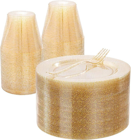 WELLIFE 150PCS Gold Plastic Plates – Gold Glitter Disposable Dinnerware Set for 50 Guests (7.5" Dessert Plates), Includes 50 Plates, 50 Cups & 50 Forks for Wedding & Birthday Party Tableware