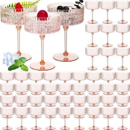 48 Pcs Ribbed Martini Glasses 10 oz Disposable Plastic Vintage Ribbed Coupe Glasses Unbreakable Dessert Parfait Glassware for Wedding Birthday Party Supplies (Champagne Powder)