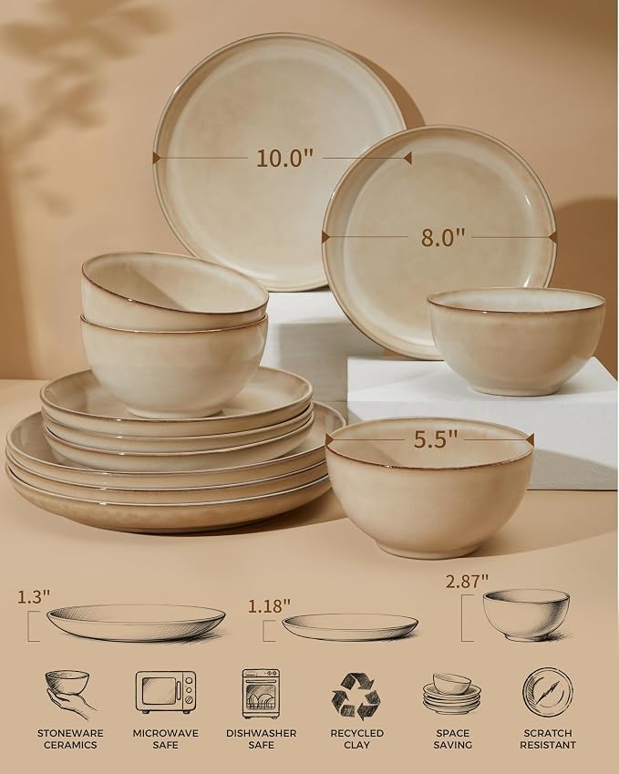 Stoneware Dinnerware Sets for 6, 18 Pieces Ceramic Plates and Bowls Sets - Image 2