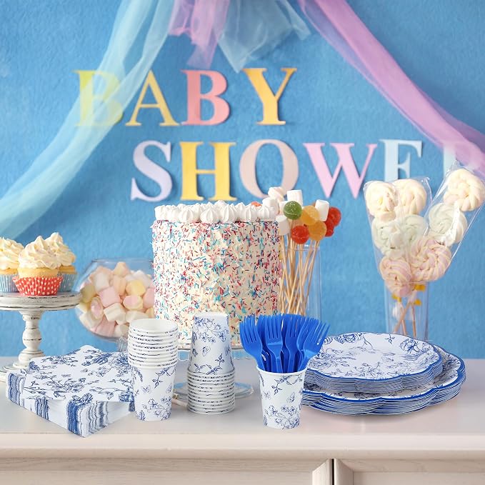 Kochorie 144 Pieces Blue Floral Paper Plates and Napkins Party Supplies - Image 5
