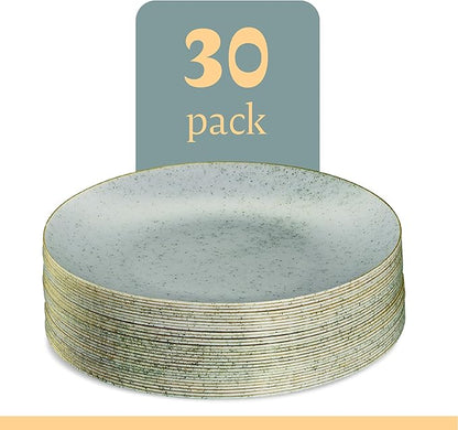 PLASTICPRO 30 Pack Disposable Plastic Plates Heavyweight Granite Look Elegant 9 inch Dinner Plates Green with Gold Rim