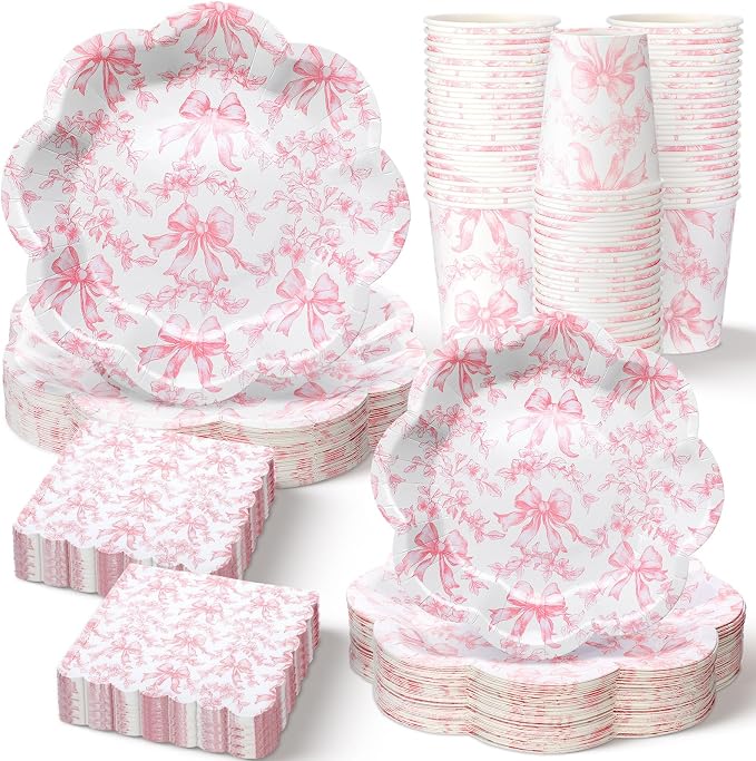 250 Pcs Pink Bow Disposable Paper Plate Napkins | Disposable Tableware Set by Newtay
