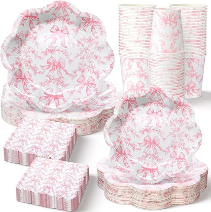 250 Pcs Pink Bow Disposable Paper Plate Napkins | Disposable Tableware Set by Newtay