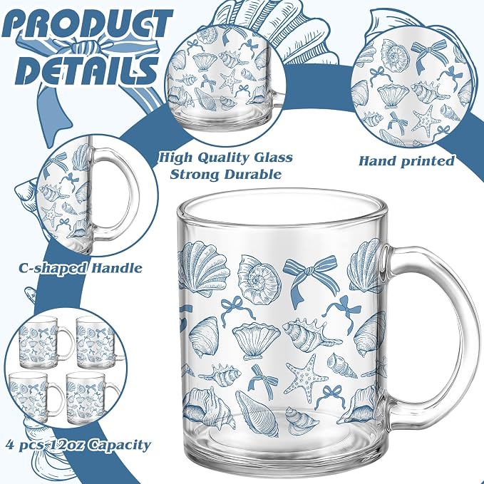 Tioncy 4 Pcs Summer Ocean Coffee Mugs 12 oz Blue Bow Seashell Glass Cups - Image 2