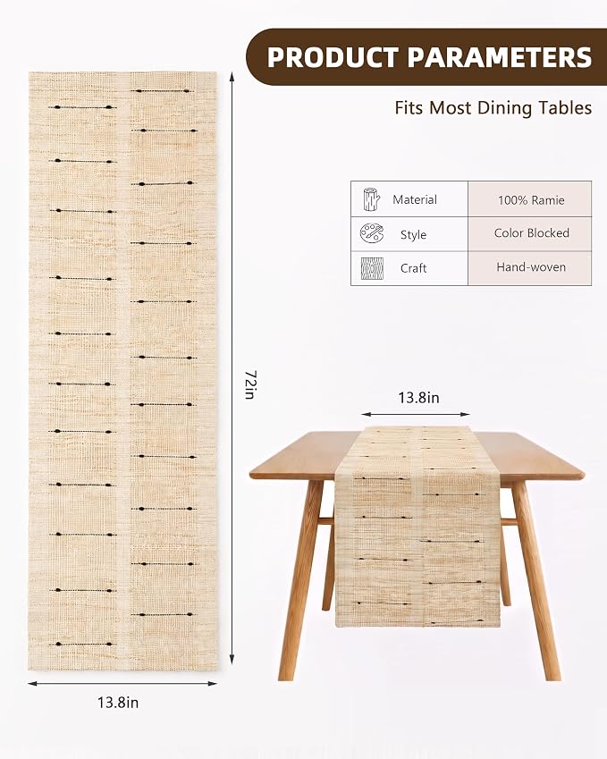 Table Runner, 13.8" × 72", 100% Natural Ramie, Handwoven | 100% Natural Ramie - Image 7