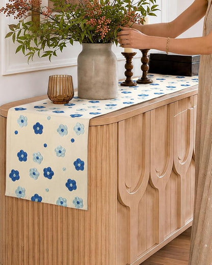 Embroidered Canvas 13"x 72" Narrow Table Runner, Speedwell | Exquisite - Image 6