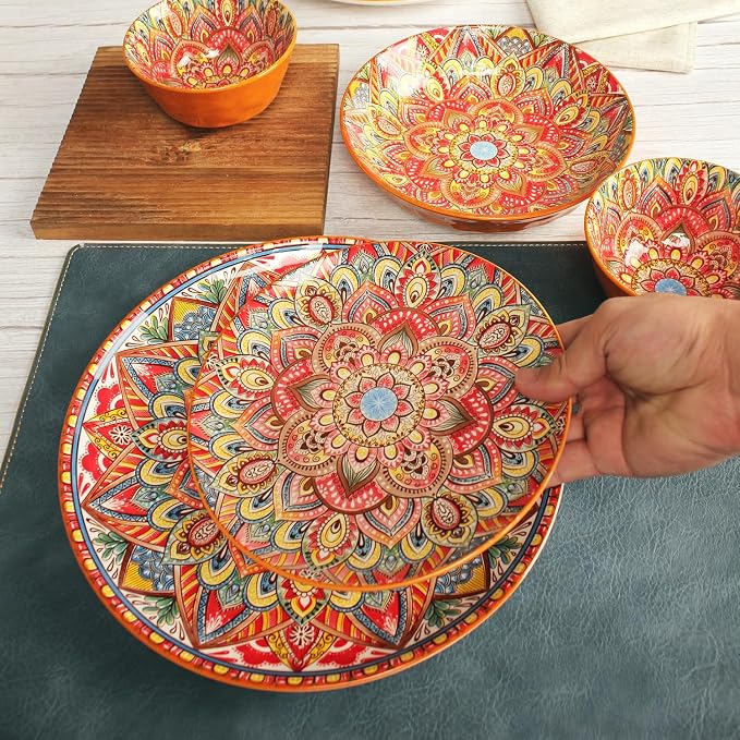YA JU Mandala Dinnerware Sets Serves 4, Buffet Dinnerware, Boho Plates and - Image 6