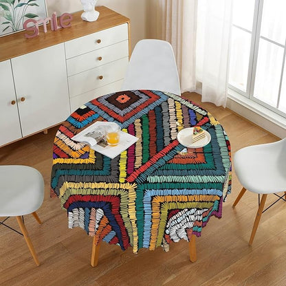 Laeacco 48 Inch Colorful Patchwork Round Tablecloth Woven Geometric Pattern Abstract Art Print Table Cloth Washable Waterproof Wrinkle Free Table Cover for Kitchen Dining Picnic Party Decoration
