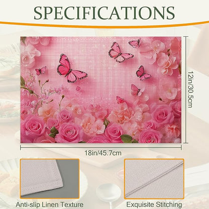 Table Placemats Set of 6,Spring Flowers Cloth Placemats,Pink Butterfly Rose Floral Heat-Resistant Table Mats for Kitchen Dining Room Decoration,Non-Slip Fabric Place Mats 11.8x17.7 Inch
