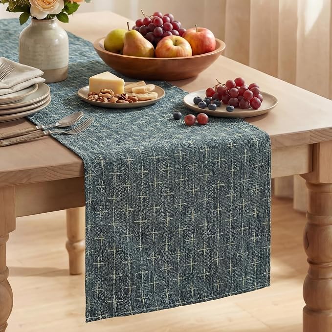 Artoid Mode Navy Blue Cross-Star Textured Table Runner, Seasonal Waterproof by ArtoidMode