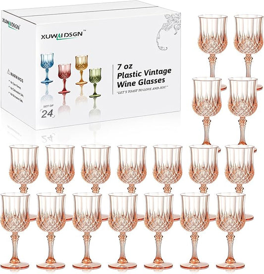 XUWAIDSGN 24 Pcs 7oz Plastic Vintage Wine Glasses Drinking Glasses Unbreakable Wedding Glassware Crystal Water Goblets Reusable Drinkware Vintage Champagne Flutes (24, Pink)