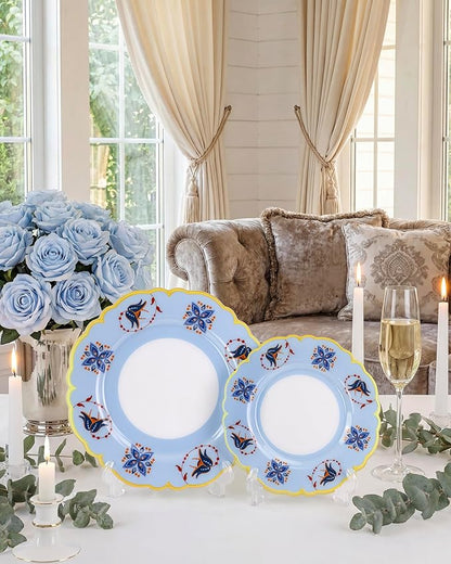 Morejoy 60Pcs Plastic Disposable Plates Set - Blue Plastic Plates Featuring Blue & Orange Floral Design With Gradient Gold Rim. Includes 30 Dinner Plates & 30 Dessert Plates, Perfect for Wedding,Party