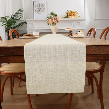 SHACOS Woven Vinyl Table Runner PVC Table Runners 12 x 54 inch Wipeable Plastic Heat Resistant Runner for Table Indoor Outdoor, Beige White