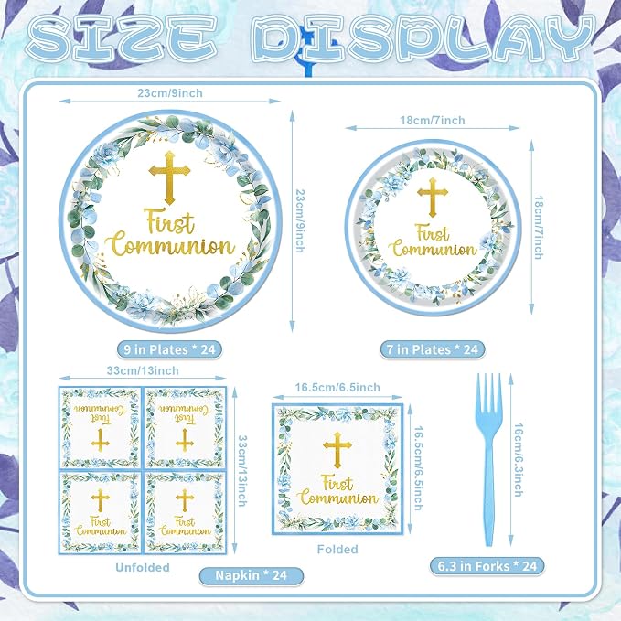 96 Pieces First Communion Floral Tableware Set – Blue Floral Cross Disposable - Image 2